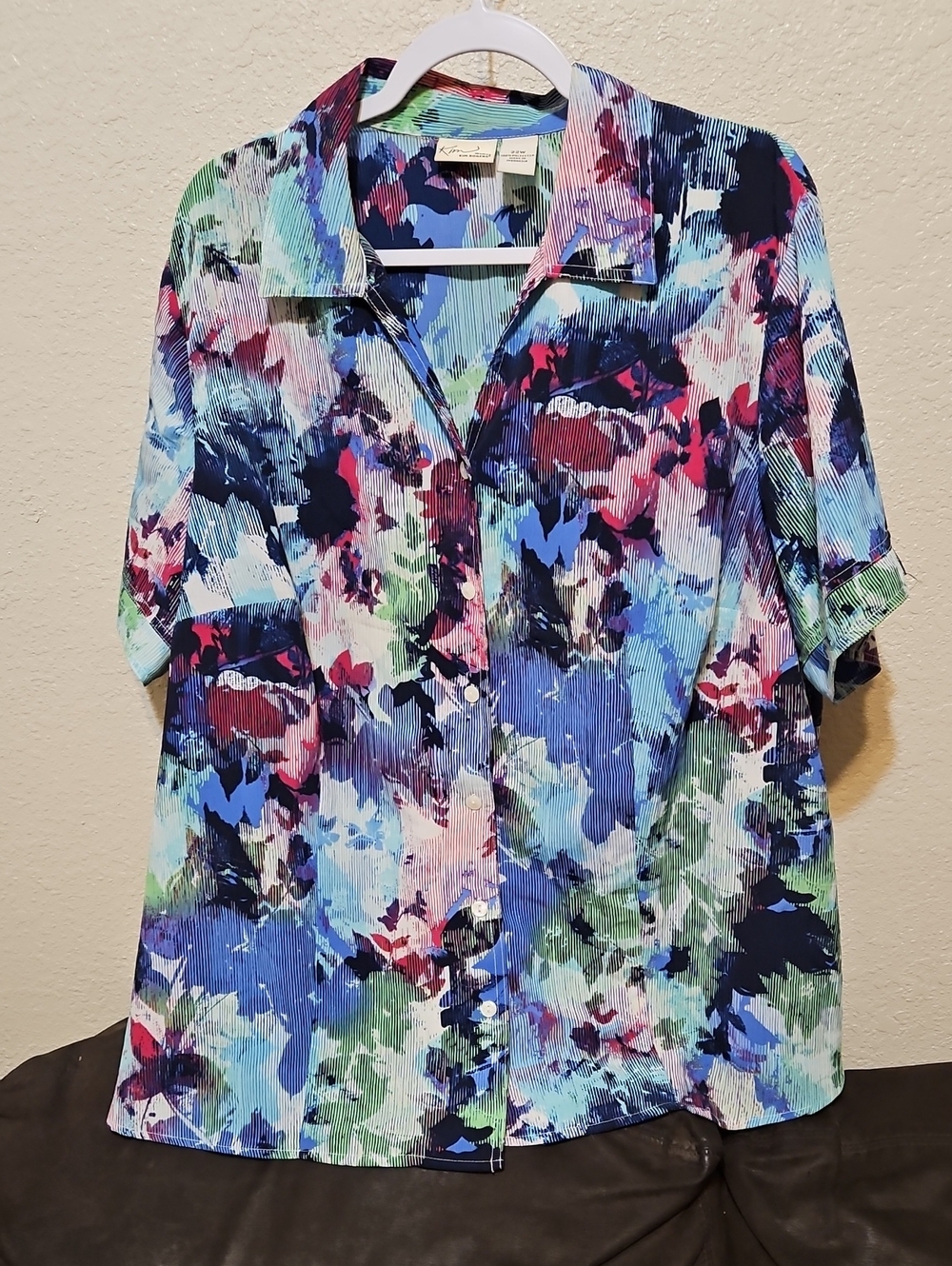 Kim Rogers Abstract Floral Button-Down Shirt in Blue, Green, Pink